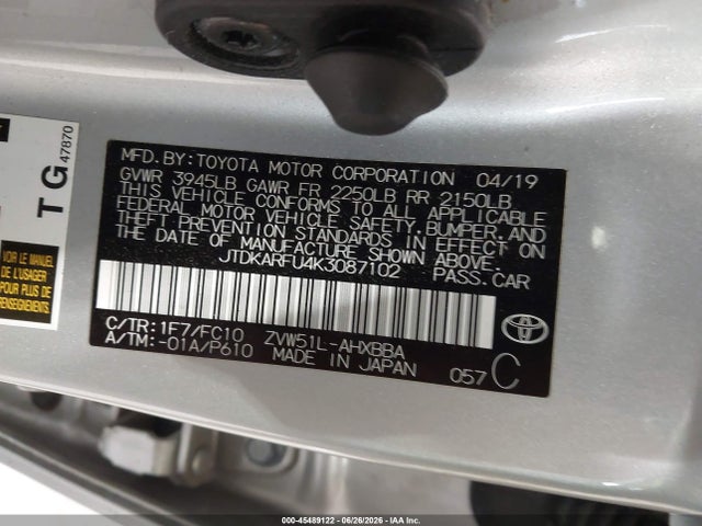 2019 Toyota Prius L Eco მანქანა იყიდება აუქციონზე, vin: JTDKARFU4K3087102, აუქციონის ნომერი: 45489122