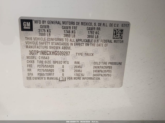 Aukcja sprzedaży 2017 Gmc Sierra 1500 Slt, vin: 3GTP1NECXHG509287, numer aukcji: 45489179