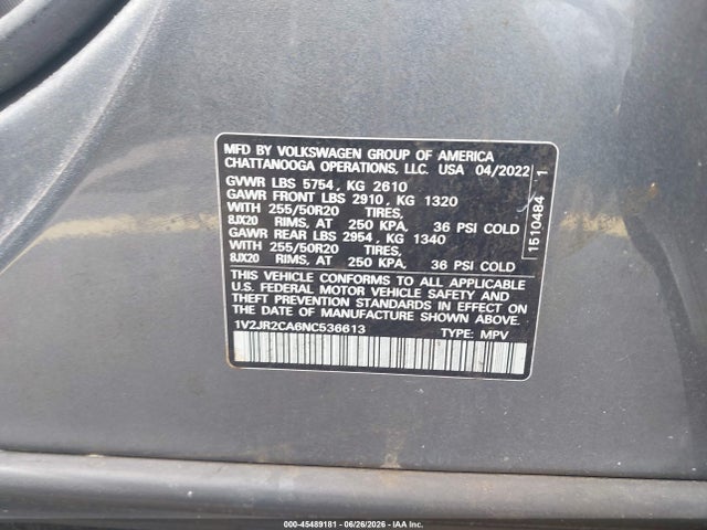 45489181 :رقم المزاد ، 1V2JR2CA6NC536613 vin ، 2022 Volkswagen Atlas 3.6l V6 Se W/technology مزاد بيع