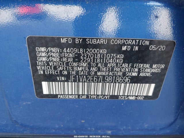 Продажа на аукционе авто 2020 Subaru Wrx Sti, vin: JF1VA2E67L9818696, номер лота: 45489188