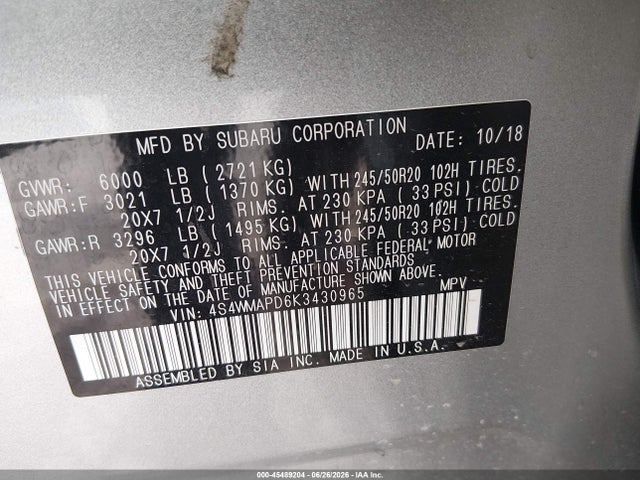 Продажа на аукционе авто 2019 Subaru Ascent Limited, vin: 4S4WMAPD6K3430965, номер лота: 45489204