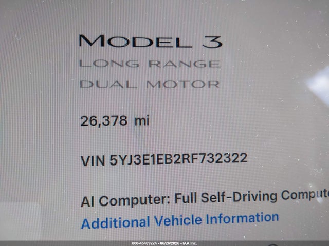 2024 Tesla Model 3 Long Range Dual Motor All-wheel Drive მანქანა იყიდება აუქციონზე, vin: 5YJ3E1EB2RF732322, აუქციონის ნომერი: 45489224