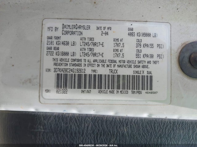 Aukcja sprzedaży 2004 Dodge Ram 2500 St, vin: 3D7KA28C24G192612, numer aukcji: 45489230