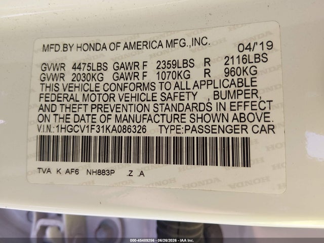 1HGCV1F31KA086326 Honda Accord Sport