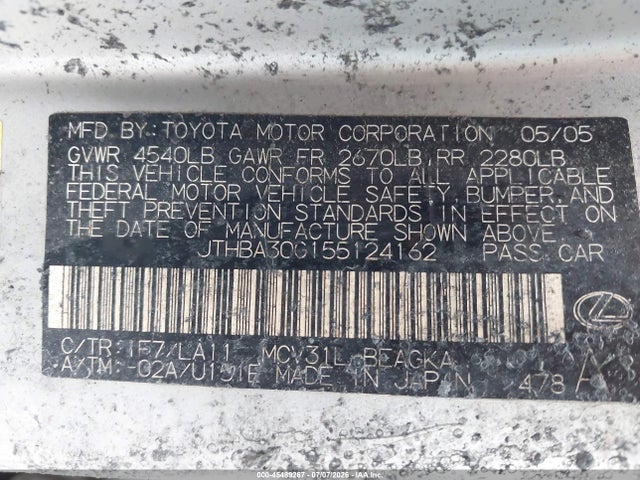 Aukcja sprzedaży 2005 Lexus Es 330, vin: JTHBA30G155124162, numer aukcji: 45489267