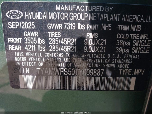 Продаж на аукціоні авто 2026 Hyundai Ioniq 9 Performance Limited, vin: 7YAMWFS50TY009887, номер лоту: 45489272