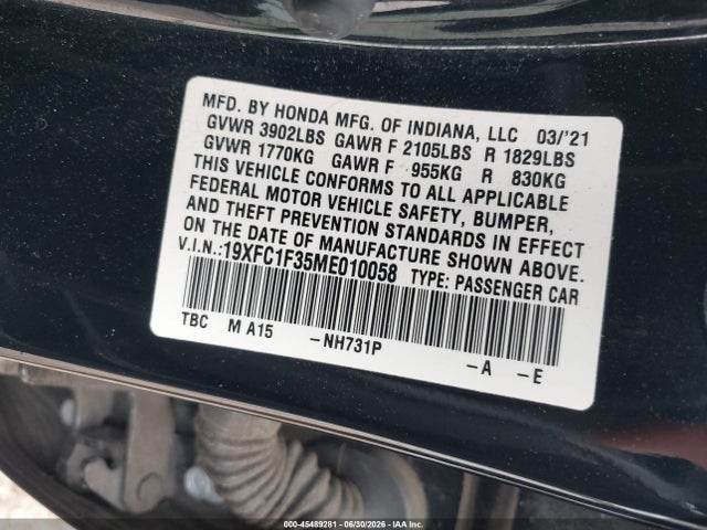 2021 Honda Civic Ex მანქანა იყიდება აუქციონზე, vin: 19XFC1F35ME010058, აუქციონის ნომერი: 45489281