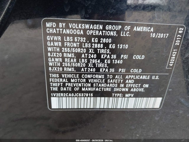 Aukcja sprzedaży 2018 Volkswagen Atlas 3.6l V6 Sel, vin: 1V2ER2CA0JC537915, numer aukcji: 45489287