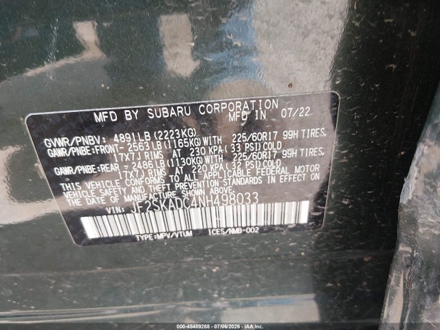 Продажа на аукционе авто 2022 Subaru Forester Premium, vin: JF2SKADC4NH498033, номер лота: 45489288