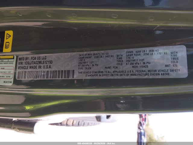 1C6JJTAG2ML612193 Jeep Gladiator Sport S 4x4