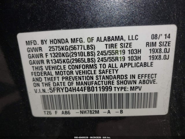 45489339 :رقم المزاد ، 5FRYD4H44FB011999 vin ، 2015 Acura Mdx Technology Package مزاد بيع