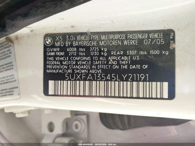 Auction sale of the 2005 Bmw X5 3.0i, vin: 5UXFA13545LY21191, lot number: 45489362