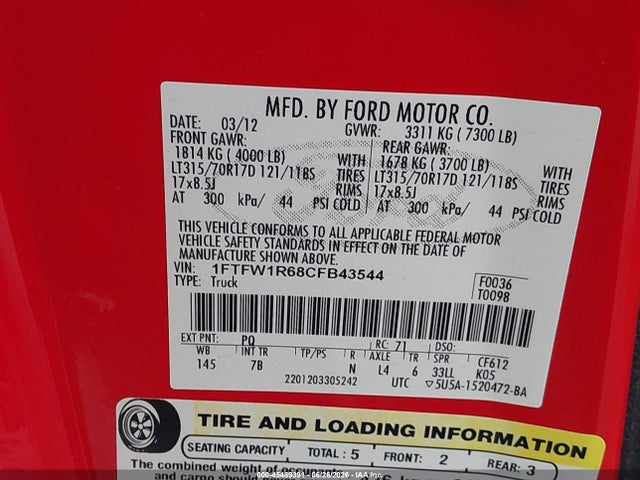 45489391 :رقم المزاد ، 1FTFW1R68CFB43544 vin ، 2012 Ford F-150 Svt Raptor مزاد بيع