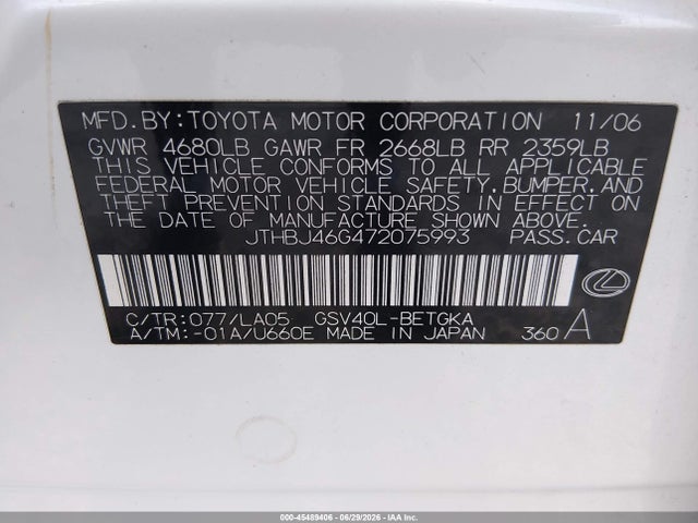45489406 :رقم المزاد ، JTHBJ46G472075993 vin ، 2007 Lexus Es 350 مزاد بيع