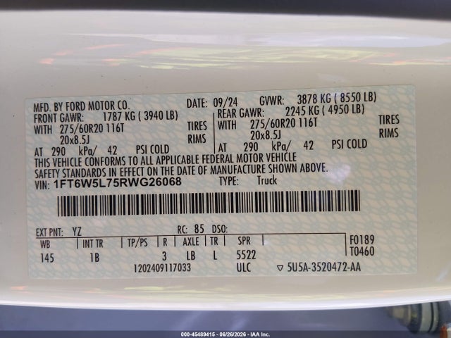 Продаж на аукціоні авто 2024 Ford F-150 Lightning Lariat, vin: 1FT6W5L75RWG26068, номер лоту: 45489415