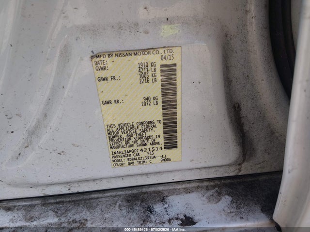 45489426 :رقم المزاد ، 1N4AL3AP0FC421514 vin ، 2015 Nissan Altima 2.5 S مزاد بيع