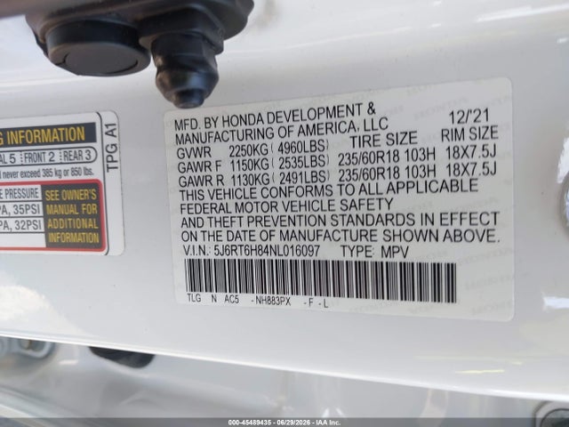 Auction sale of the 2022 Honda Cr-v Hybrid Ex-l, vin: 5J6RT6H84NL016097, lot number: 45489435