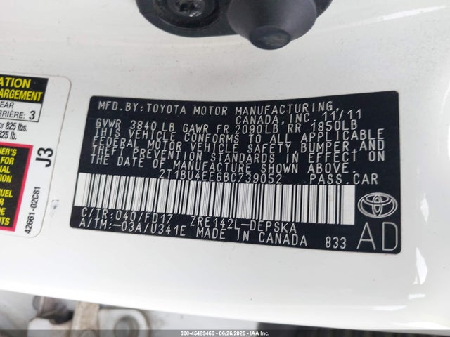 Продаж на аукціоні авто 2011 Toyota Corolla S, vin: 2T1BU4EE6BC739052, номер лоту: 45489466