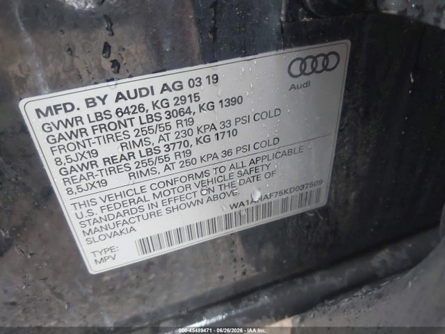 45489471 :رقم المزاد ، WA1AHAF75KD037509 vin ، 2019 Audi Q7 45 Premium/45 Se Premium مزاد بيع