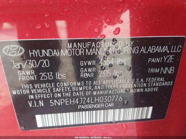 Aukcja sprzedaży 2020 Hyundai Sonata Limited, vin: 5NPEH4J24LH030776, numer aukcji: 45489479