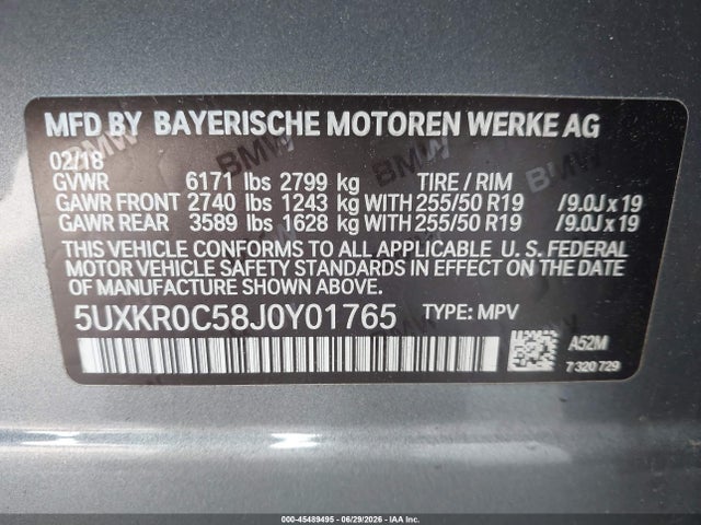 Продаж на аукціоні авто 2018 Bmw X5 Xdrive35i, vin: 5UXKR0C58J0Y01765, номер лоту: 45489495