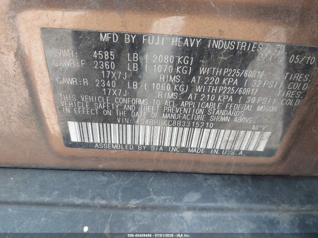 2011 Subaru Outback 2.5i Limited მანქანა იყიდება აუქციონზე, vin: 4S4BRBKC8B3315210, აუქციონის ნომერი: 45489496