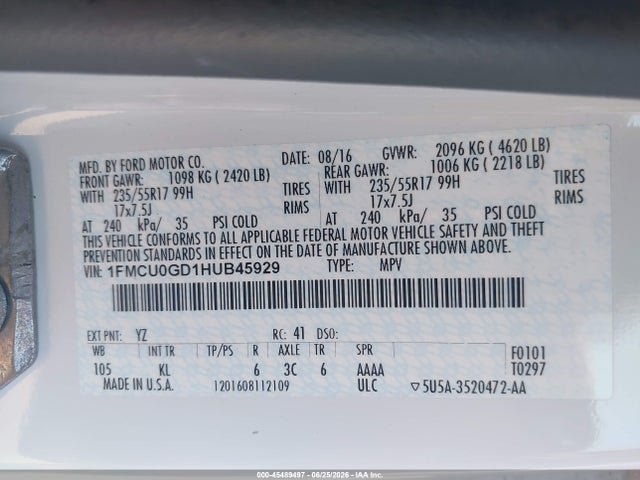 Auction sale of the 2017 Ford Escape Se, vin: 1FMCU0GD1HUB45929, lot number: 45489497