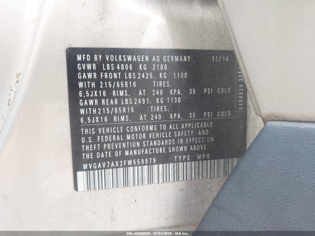Продаж на аукціоні авто 2015 Volkswagen Tiguan S, vin: WVGAV7AX2FW559979, номер лоту: 45489509