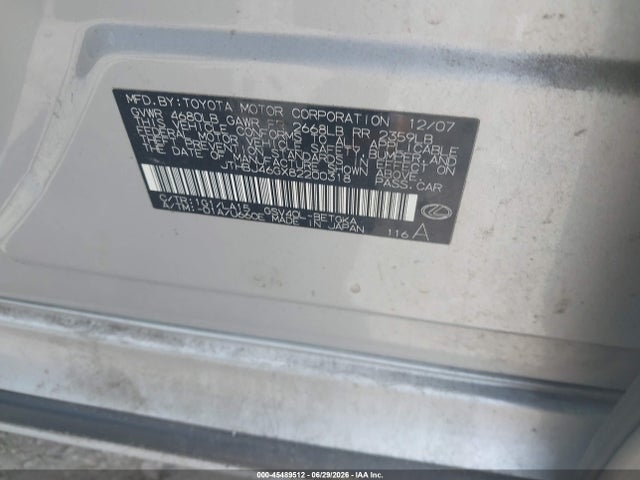 2008 Lexus Es 350 მანქანა იყიდება აუქციონზე, vin: JTHBJ46GX82200318, აუქციონის ნომერი: 45489512