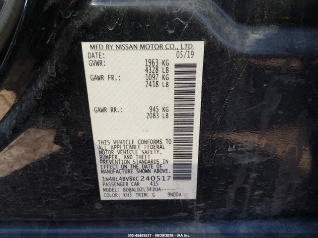 Nissan Altima 2.5 S 2019 1N4BL4BV8KC240517 Image 9