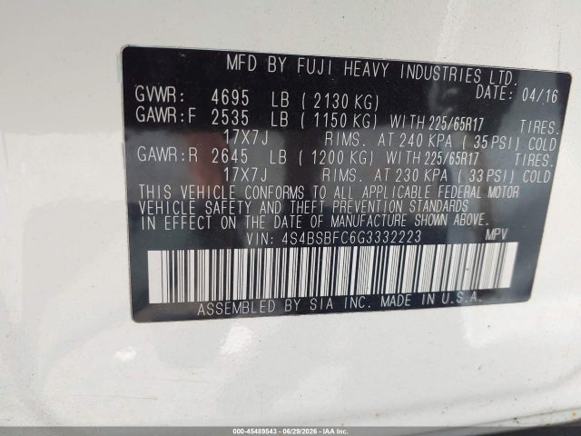 Subaru Outback 2.5i Premium 2016 4S4BSBFC6G3332223 Image 9
