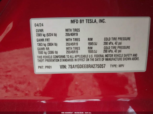 Aukcja sprzedaży 2024 Tesla Model Y Long Range Dual Motor All-wheel Drive, vin: 7SAYGDEE8RA275057, numer aukcji: 45489547