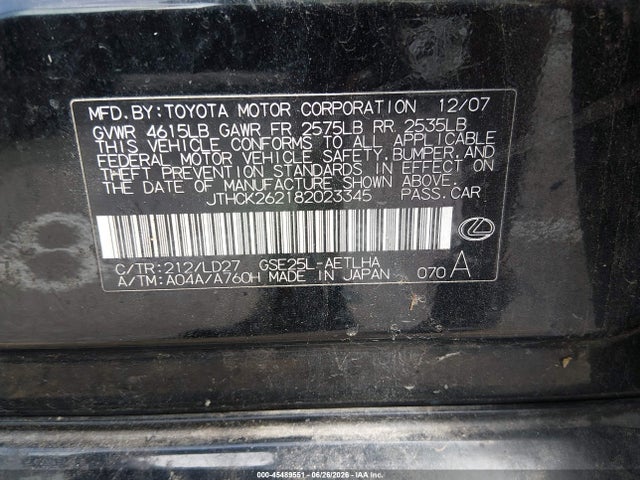 45489551 :رقم المزاد ، JTHCK262182023345 vin ، 2008 Lexus Is 250 مزاد بيع