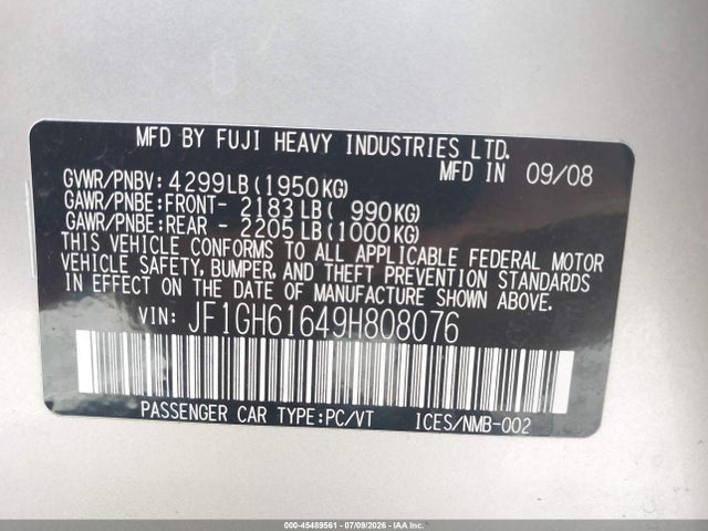 Aukcja sprzedaży 2009 Subaru Impreza 2.5i, vin: JF1GH61649H808076, numer aukcji: 45489561