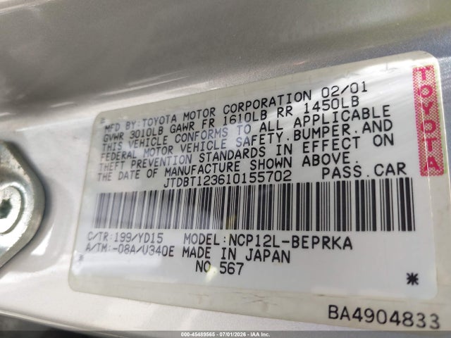 45489565 :رقم المزاد ، JTDBT123610155702 vin ، 2001 Toyota Echo مزاد بيع