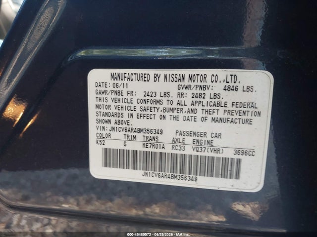 Aukcja sprzedaży 2011 Infiniti G37x, vin: JN1CV6AR4BM356349, numer aukcji: 45489572