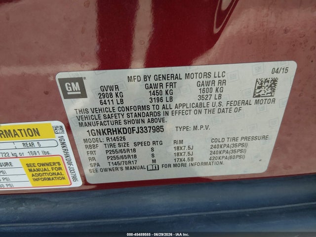 Chevrolet Traverse Lt 2015 1GNKRHKD0FJ337985 Image 9