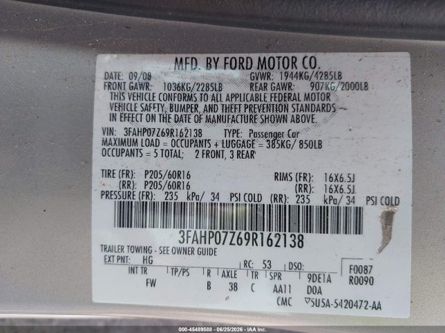 2009 Ford Fusion Se მანქანა იყიდება აუქციონზე, vin: 3FAHP07Z69R162138, აუქციონის ნომერი: 45489588