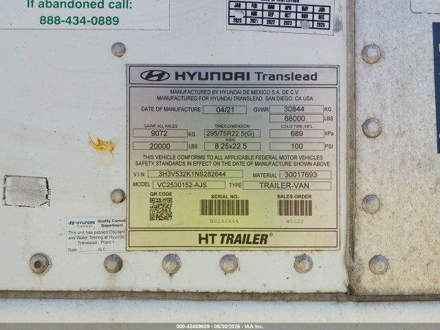 2022 Hyundai Translead Inc 53' Semi Trailer მანქანა იყიდება აუქციონზე, vin: 3H3V532K1NS282644, აუქციონის ნომერი: 45489609