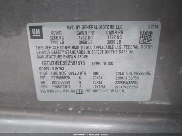 Aukcja sprzedaży 2014 Gmc Sierra 1500 Slt, vin: 1GTV2VEC5EZ381573, numer aukcji: 45489637