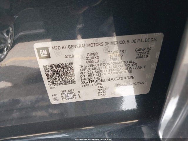 2019 Gmc Sierra 1500 Slt მანქანა იყიდება აუქციონზე, vin: 3GTP8DED4KG304389, აუქციონის ნომერი: 45489636