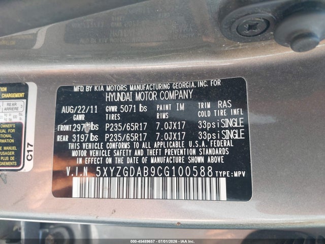 Auction sale of the 2012 Hyundai Santa Fe Gls, vin: 5XYZGDAB9CG100588, lot number: 45489657