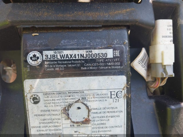 45489686 :رقم المزاد ، 3JBLWAX41NJ000530 vin ، 2022 Can-am Outlander X Mr 1000r مزاد بيع