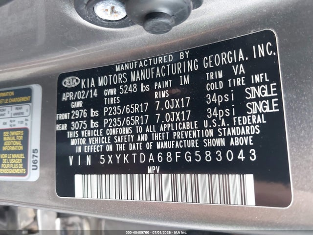 Aukcja sprzedaży 2015 Kia Sorento Lx, vin: 5XYKTDA68FG583043, numer aukcji: 45489700