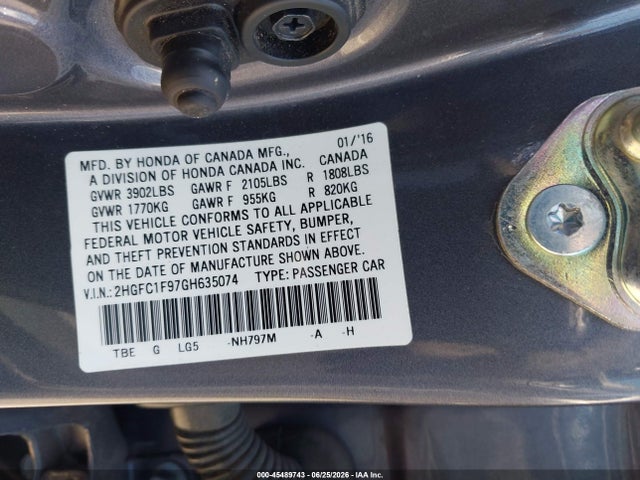Honda Civic Touring 2016 2HGFC1F97GH635074 Image 9