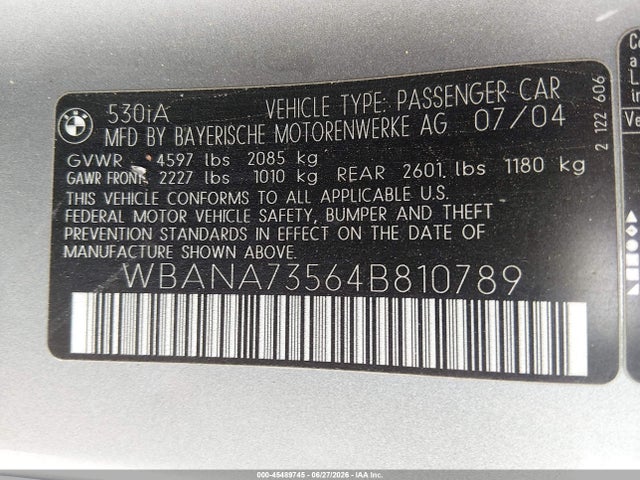 Aukcja sprzedaży 2004 Bmw 530i, vin: WBANA73564B810789, numer aukcji: 45489745