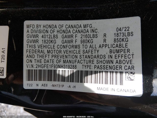 Honda Civic Touring 2022 2HGFE1F93NH319288 Image 9