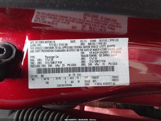 45489761 :رقم المزاد ، 1FADP3N26FL315293 vin ، 2015 Ford Focus Titanium مزاد بيع
