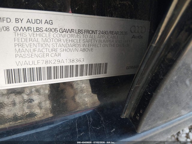 2009 Audi A4 2.0t Premium მანქანა იყიდება აუქციონზე, vin: WAULF78K29A138363, აუქციონის ნომერი: 45489800