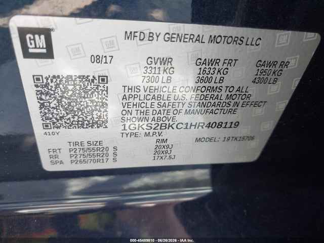 45489810 :رقم المزاد ، 1GKS2BKC1HR408119 vin ، 2017 Gmc Yukon Slt مزاد بيع
